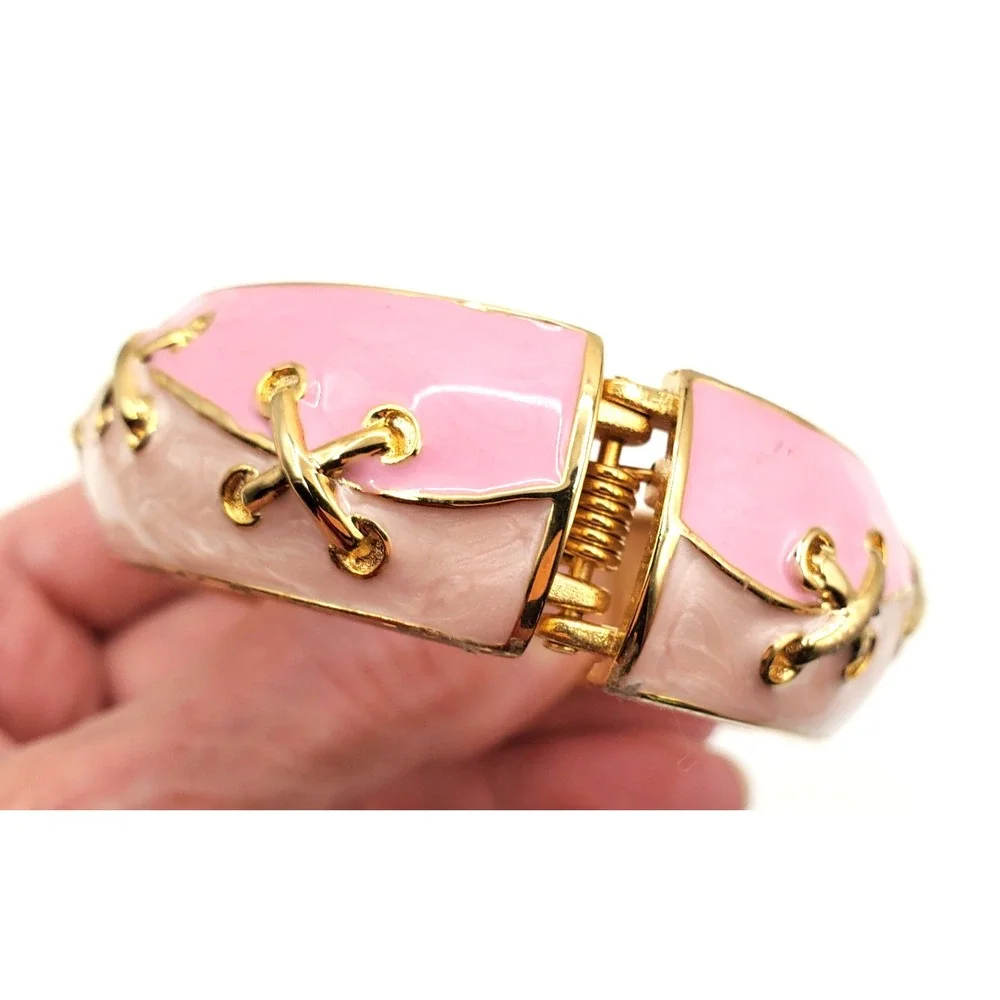 Vintage Pink Enamel Clamper Bracelet Laced Crisscross Gold Tone